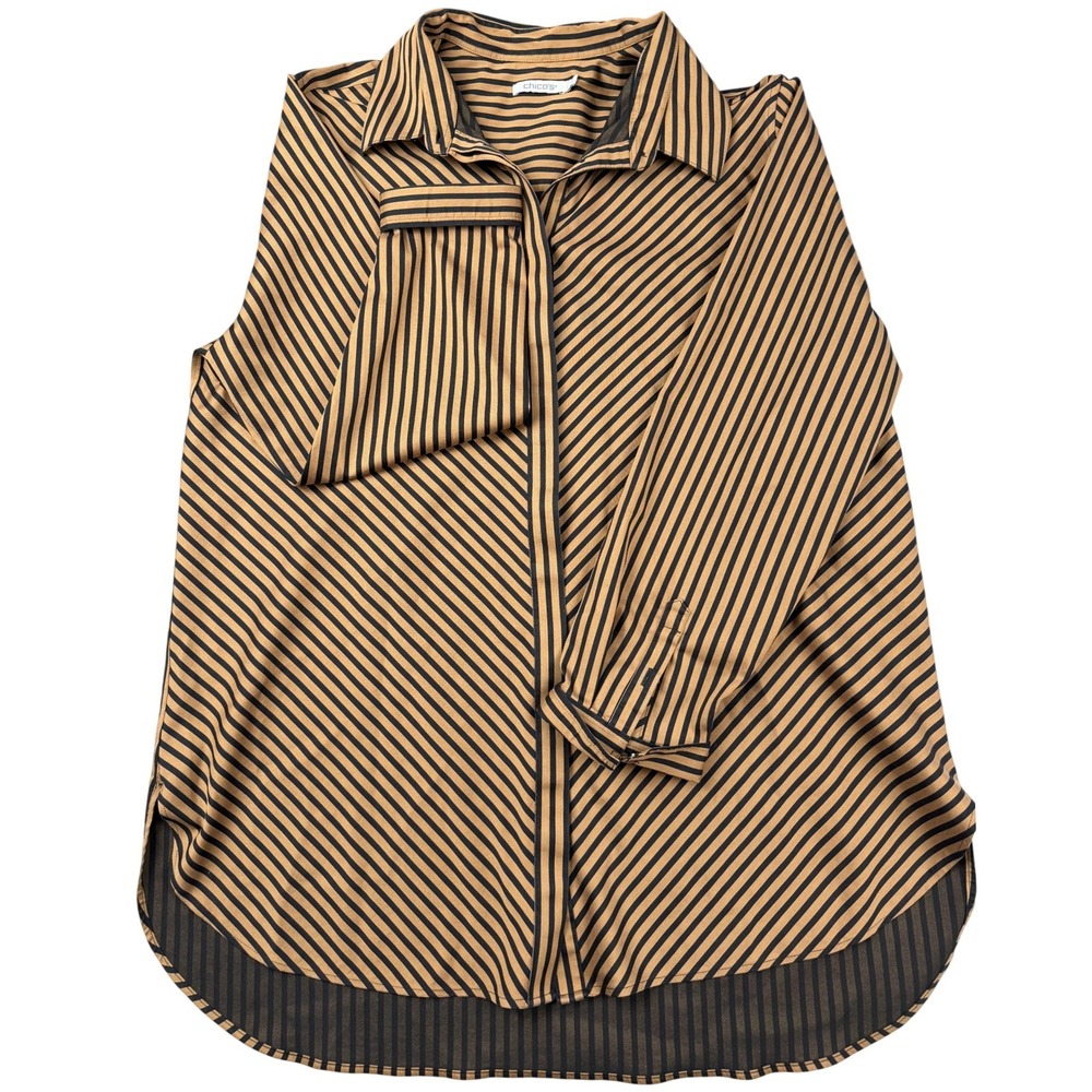 Chicos Striped Button Down Shirt Womens 2.5 US 14 Tan Black Long Sleeve Blouse